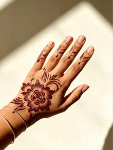 4pcs Henna Style Floral Tattoo Stencils, Flower Paisley Fingertip Chain Pattern, Reusable Henna Template Stickers, Daily/Wedding/Eid DIY Body Art Tools,Formulated Without Henna - Black - View 5