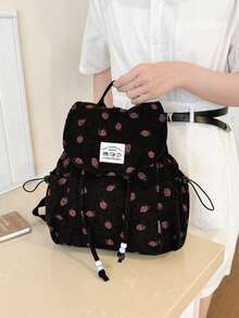 Dedoo Mochila de pana con cordón, bolsillos laterales con cordón de cuentas, gran capacidad, mochila escolar, mochila universitaria de campus, mochila de estilo retro dulce para campus - Negro - Ver 5