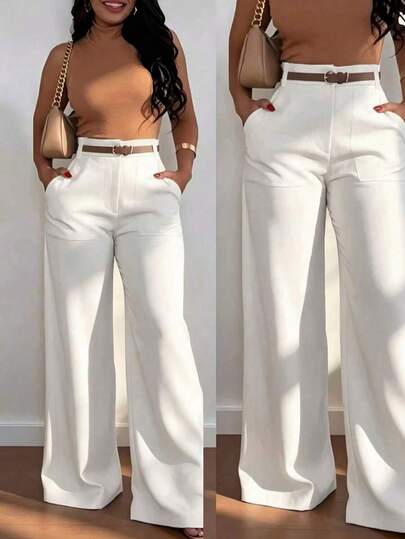 Women's Fashion High Waist Straight Leg Casual Pants, Black Woven Fabric, With Pockets And Zipper (Belt Not Included) White