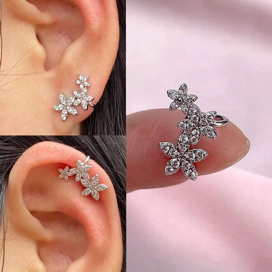 1件精緻三花鑽耳夾,小眾百搭花瓣耳骨飾品,適合日常、宴會與派對 - 耳骨夾 - 查看 1