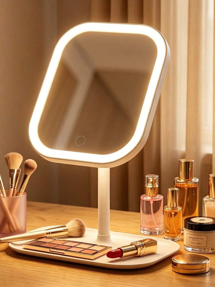 1pc LED Makeup Mirror With Light, 3 Lighting Modes, Touch Dimmable Desktop Mirror, Rechargeable Beauty Mirror, 270° Rotatable Adjustable Stand, Portable Travel Makeup Mirror, Suitable For Bedroom Vanity, Gift For Girls