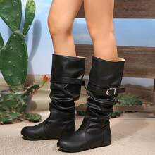 女款大尺碼純色中筒靴，時尚抓皺西式風格，百搭秋冬靴 - 黑色 - 查看 5