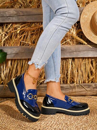 1 Pair Fashion Women's Blue & Black Color Block Thick Sole Loafers With Gold Decor Slip-On Shoes