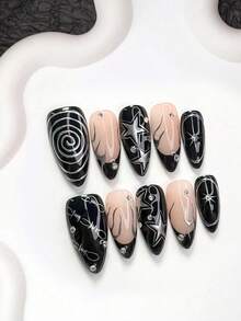 10 piezas de uñas postizas de moda vanguardista hechas a mano, set de manicura de polygel, decoración de estrellas pintadas a mano y strass, esmalte de uñas negro y plateado, estilo único, incluye herramientas de manicura, 3 tamaños disponibles, forma de almendra/pato/ataúd, adecuado para fiestas, baile, uso diario - Multicolor - Ver 16