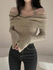 Off-Shoulder Long Sleeve Top, Niche Design, Slimming Short Cropped Halter Neck Sweater - Oatmeal - View 5