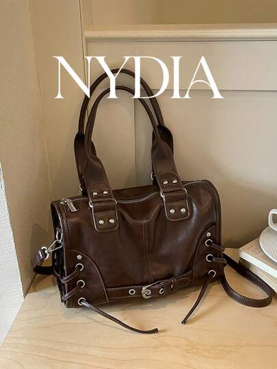 1pc Brown PU Rivet Boston Bag With Detachable Crossbody Strap, Vintage Large Capacity Shoulder Handbag, Women's Daily Commute Street Style Shoulder Bag