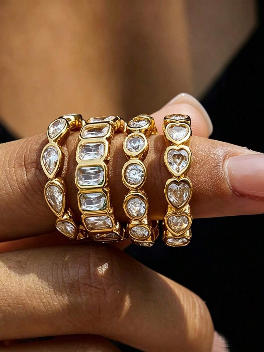 S SHOPBOHO 1pc Luxury Rhinestone Tennis Ring Wedding Ring Stainless Steel Hypoallergenic Women's Jewelry