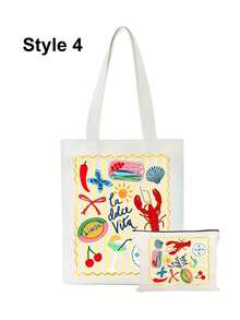 White Canvas Shoulder Bag And Makeup Bag Set With Striped Lobster Pattern, Casual Cute Handbag For Women And Girls Daily Commute, Shopping, Travel, Multi-Functional Cosmetic Storage Bag, Portable Toiletry Bag, Perfect Gift For Friends, Moms, Teens, Back To School, Independence Day, Birthday, Teacher's Day - Multicolor - View 15