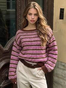 Women's Brown Pink White Colorblock Striped Knit Sweater, Vintage Round Neck Raglan Long Sleeve Loose Soft Short Pullover Top, Knit Sweater For Women - Brown - View 9