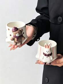 1pc Sunny Garden 3D Bear/Rabbit Hand-Held Mug, Luxury Exquisite Handmade Art Mug, Couple Cup, Creative Design Coffee Cup, Unisex Cup, Fun Cup, Perfect Gift - Multicolor - View 5