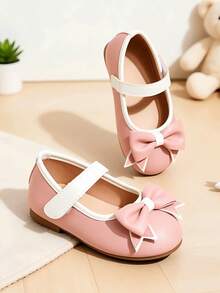 1 Pair Kids Cute Pink Mary Jane Princess Shoes, Star Trim Bow Toe, White Hook & Loop Strap, Soft Sole Non-Slip Girls Shoes, Suitable For All Seasons, Daily School, Birthday Party, Wedding, Outing, Matching Various Dresses - Pink - View 2