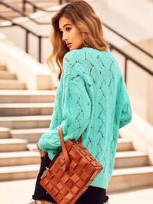Plus Size Mint Green V-Neck Sweater, Long Sleeve Knit Pullover With Hollow-Out Leaf Pattern For Fall Winter Holiday Outfit Vacation - Emerald - View 6