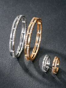 Double Row Cubic Zirconia Women's Bracelet & Ring Set, Gold And Silver Color Options, Rust-Resistant, Suitable For Daily Wear, Parties And Evening Events - Dual Row 2.0 - View 1