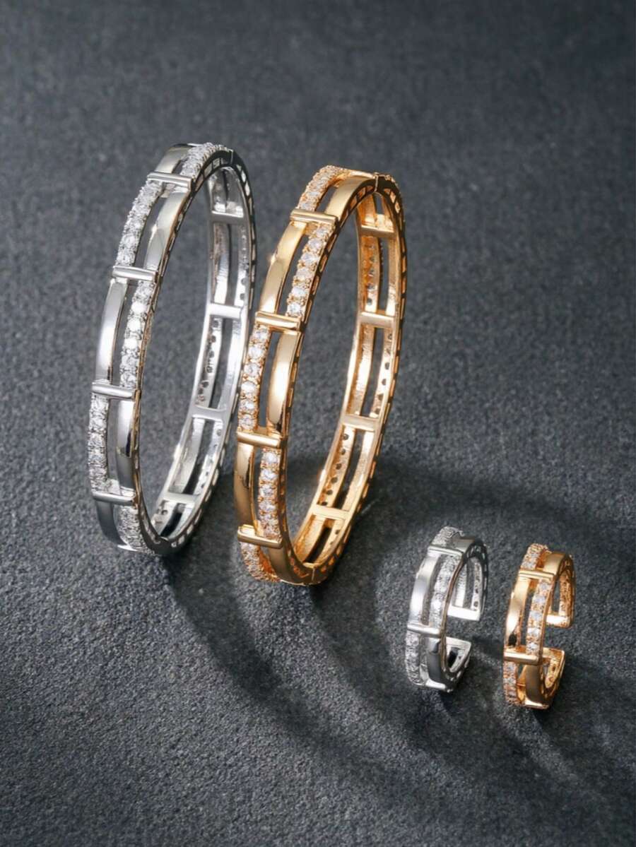 Double Row Cubic Zirconia Women's Bracelet & Ring Set, Gold And Silver Color Options, Rust-Resistant, Suitable For Daily Wear, Parties And Evening Events - Dual Row 2.0 - View 1
