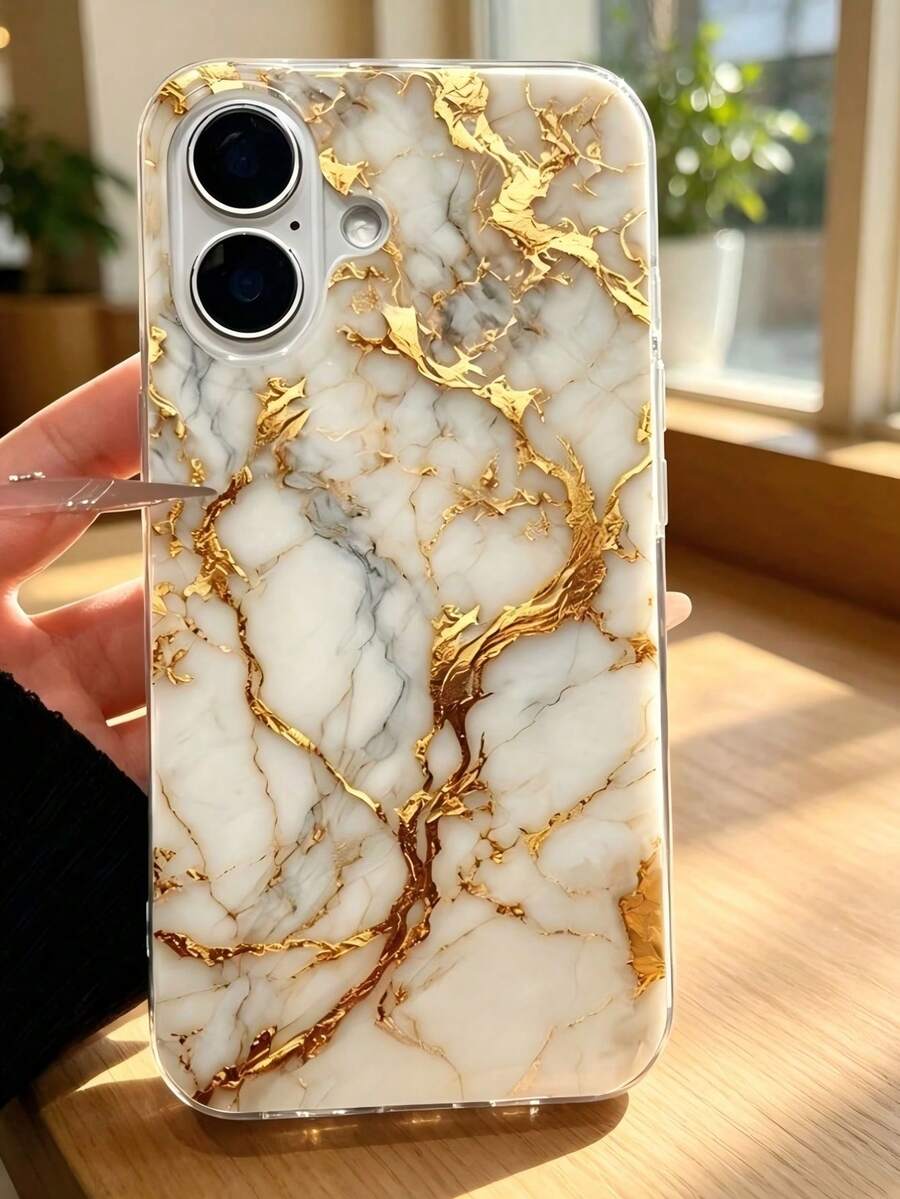 1件裝 透明軟 TPU 手機殼 白色大理石金箔紋理印花,適用於 iPhone 17 Pro Max、16、15、14、13、12、11 Pro Plus 16,全包高凸鏡頭保護,奢華簡約防震保護殼 - 彩色 - 查看 1