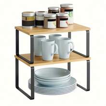 1pc Adjustable Stackable Storage Rack, Multi-Functional Wooden Storage Shelf, Suitable For Kitchen Countertop, Seasoning, Bathroom And Storage Room, Space-Saving Gift For Home Storage Enthusiasts And Cooking Lovers - Black - View 1