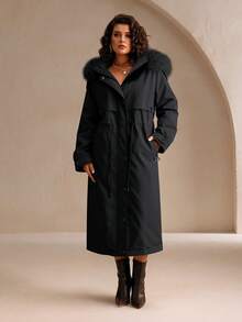 Risissida Elegant Fashion Women's Coat With Pockets And Faux Fur Lining, Perfect For Autumn/Winter - Black - View 6