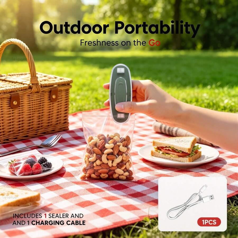 Lalayuan 1pc Rechargeable 3-In-1 Mini Bag Sealer, Handheld Heat Sealer, Portable Food Sealer For Snack Plastic Bags, Quick Heat Seal For Kitchen Food Storage - Green With Charging Cable - View 1