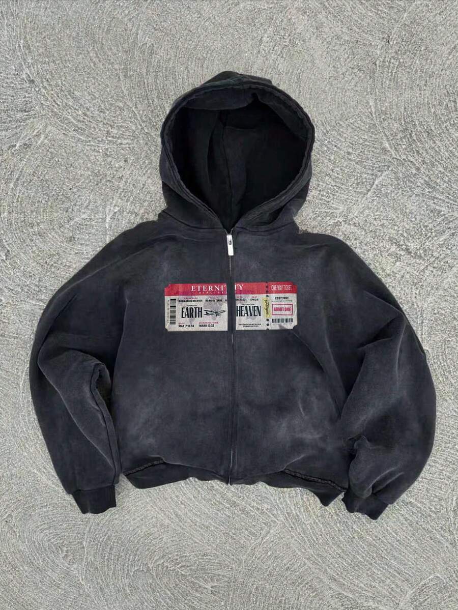 Men's Washed Drop Shoulder Zip-Up Casual Hoodie, Autumn - Black - View 1