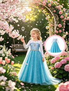 Young Girls' Mesh Beaded Long Sleeve Dress, New Casual Dress Suitable For Outings, Gatherings With Friends, Birthday Parties And Other Major Events - Baby Blue - View 1