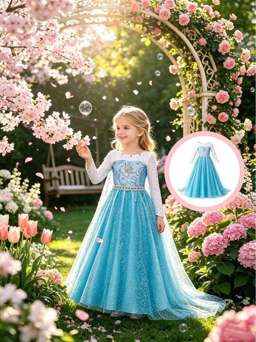 Young Girls' Mesh Beaded Long Sleeve Dress, New Casual Dress Suitable For Outings, Gatherings With Friends, Birthday Parties And Other Major Events - Baby Blue - View 1