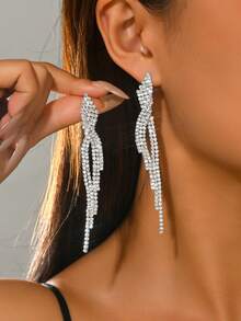 1 Pasang Anting Panjang Elegan Bertabur Berlian Imitasi untuk Wanita, Perhiasan Pesta Pernikahan, Hadiah Liburan untuk Istri atau Pacar - Perak - View 1