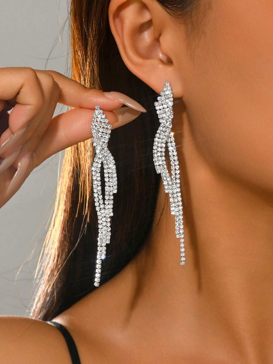 1 Pasang Anting Panjang Elegan Bertabur Berlian Imitasi untuk Wanita, Perhiasan Pesta Pernikahan, Hadiah Liburan untuk Istri atau Pacar - Perak - View 1