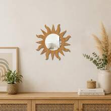1Pc Sun Shape Wooden Frame Acrylic Mirror Wall Sticker, Boho Decorative Mirror Wall Decal For Living Room Bedroom Bathroom Home Wall Art Decor - Brown - View 9