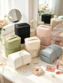 Vertical Travel Makeup Bag For Women Double Layer Large Capacity Cosmetic Organizer Case Waterproof Portable Toiletry Bag With Adjustable Dividers - Multicolor - View 2