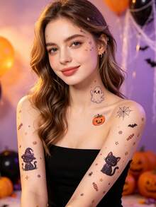 4PCS Halloween Large Edition Cute & Adorable Tattoo Stickers, Low-Terror Funny Edition: Ghosts, Bats, Spiders, Candies, Black Cats, Etc. Waterproof & Long-Lasting, Perfect Halloween Gift For Friends - Multicolor - View 8