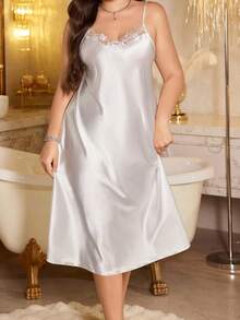 Plus Size White Satin Lace Camisole Nightgown + Robe 2 Pieces Set Bridal Morning Robe Loungewear - White - View 4