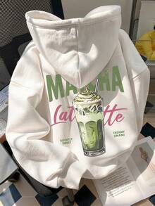Sweatshirt Berkerudung Wanita, Motif Minuman Musim Gugur/Dingin Terbaru & Cetakan Huruf, Desain Tali Serut, Dengan Saku, Putih Kasual Musim Gugur - Putih - View 1