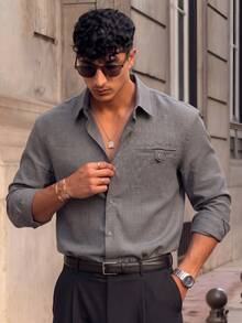 Lookun Men's Gray Shirt, Turn-Down Collar, Long Sleeve, Slightly Loose Fit, Italian Retro Style, Chest Pocket, Button Decor, Casual Daily Commute Shirt, Spring/Summer - Grey - View 2