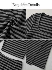 Elegant Sexy Women's Striped Slim Fit 2 Pieces Set, Square Neckline With Slit Design, Suitable For Casual Style - Black and Gray Stripes - View 4