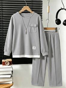 Boys' Casual Fashion Waffle Knit Crew Neck Long Sleeve Top And Straight Leg Pants Solid Color 2-Piece Set For Spring And Autumn - Grey - View 2