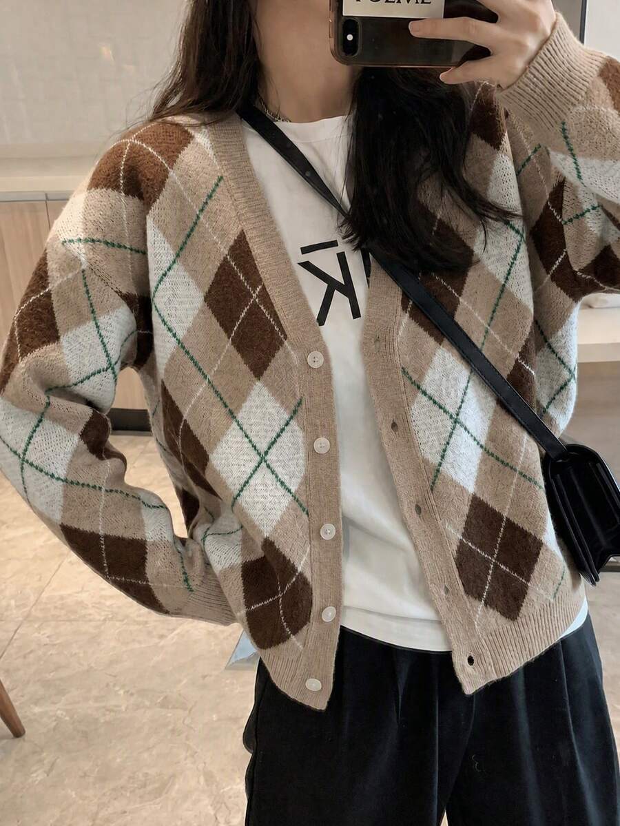 Casual V-Neck Retro Argyle Knit Cardigan - Mocha Brown - View 1