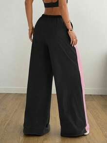 1pc Women's Loose Wide Leg Sports Pants With Pleated Patchwork Contrast Color Design, Fashion For Fitness, Running, Yoga, Training, Commuting And Versatile Occasions - Black - View 2