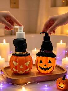 1pc Halloween Pumpkin Shaped Dispenser Bottle 350ml Jack-O'-Lantern With Witch Hat Design, Shampoo Body Wash Hand Soap Universal Storage Empty Bottle, Halloween Bathroom Decor Gift Container, Halloween Gift, Refillable - Orange - View 4
