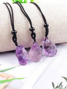1pc Asymmetrical Natural Crystal Pendant Necklace With Adjustable Braided Rope Neck Chain, Amethyst & Aquamarine Healing Stone Decorative Jewelry, Unisex Gift - Light Amethyst Pendant - View 3