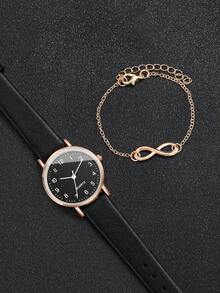 Jam Tangan Quartz Elegan Klasik dengan Tali Kulit PU untuk Wanita, Dial Kecil, + Gelang Simbol Tak Terhingga (4 buah/Set) Kotak Jam Tangan Tidak Termasuk - Emas - View 9