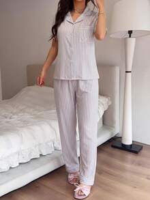 2pcs/Set Women's Pajama Set Grey & White Striped Pocket Embroidered Heart Short Sleeve Lapel Top And Pants, Suitable For All Seasons - Light Grey - View 6