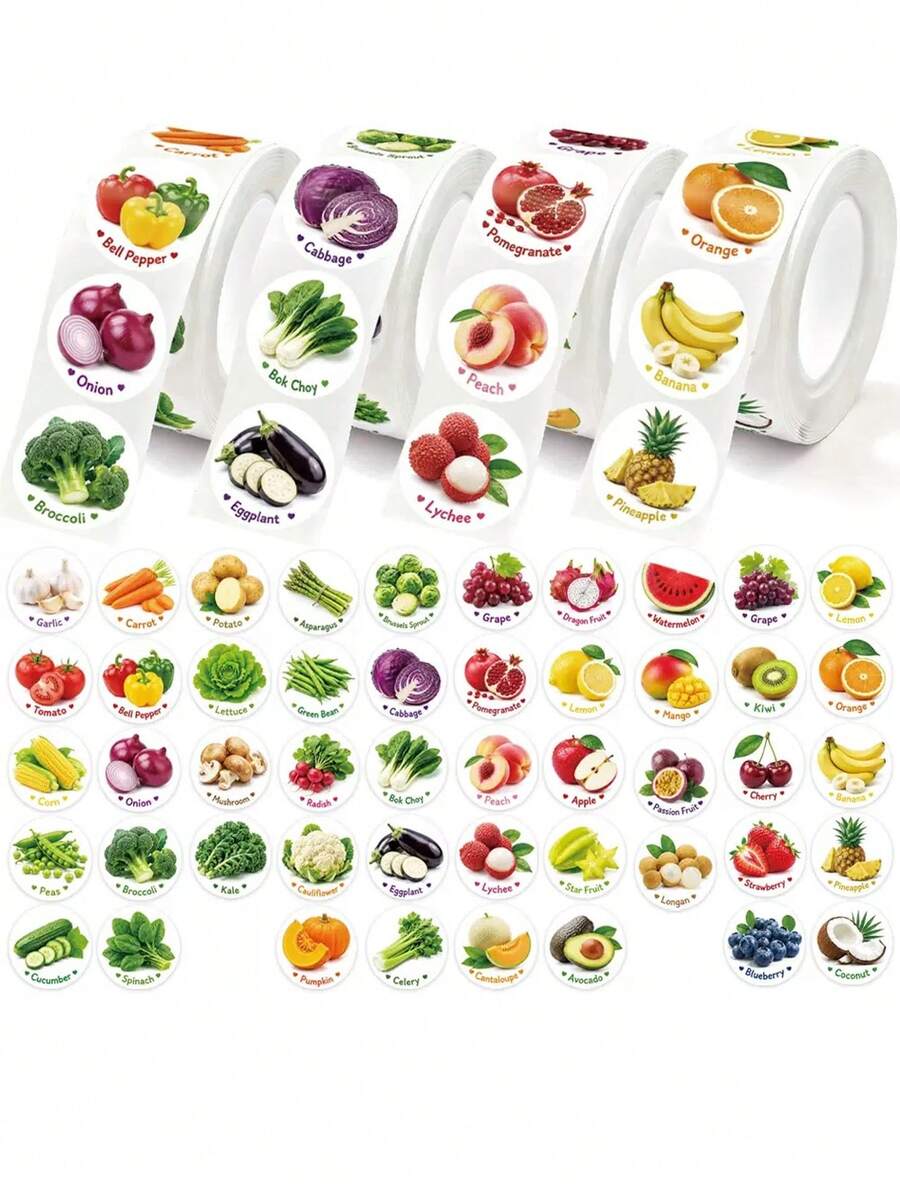 500 miếng/cuộn nhãn dán rau củ và trái cây, nhãn dán trái cây nhiều màu, vật liệu nhãn dán DIY nhận diện đồ vật, nhãn dán băng keo dính, ngày đầu đến trường - Nhiều màu - Xem 1
