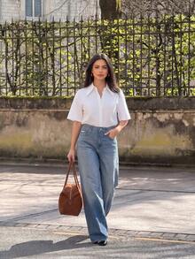 2024 Spring, Summer, Autumn Women's Fashion Blouse, Elegant Short Sleeve Button-Up Shirt, Office Lady Chic Top, Summer Wear, Spring Wear, Summer Top, Valentine's Day And New Year - White - View 3