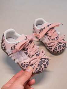 Vintage Leopard Print Patchwork Kids' Lace Trim Double Strap Princess Style Baby Soft Sole Functional Shoes - Pink - View 1