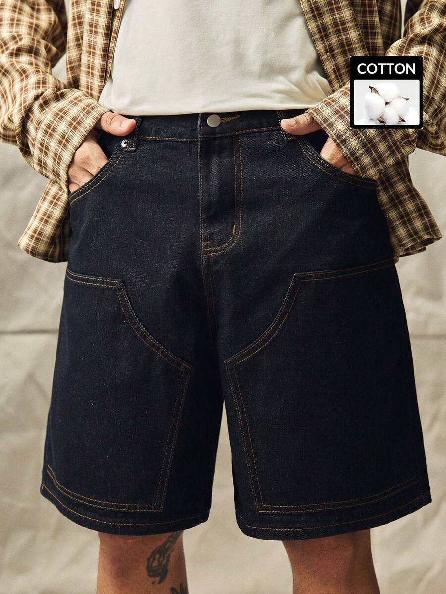 Norleigh Casual Washed Dark Blue Relaxed Fit Knee-Length Denim Shorts, Spring/Summer Cargo Pants - Blue - View 1