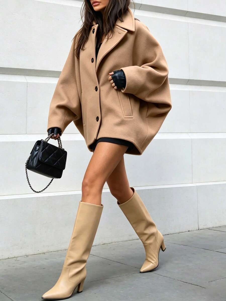 Vuslat Women's Autumn/Winter Elegant Camel Short Overcoat, Loose Batwing Sleeve Wool Jacket, Suitable For Daily Commute, Street Style, Store Visit, Christmas - Camel - View 1