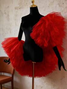 1pc Ethereal Multi‑Color Mesh Shawl, Bridal Shoulder Wrap, Host Evening Dress Outer, Art Exam Performance Photoshoot Wedding Party Accessory - Red - View 6