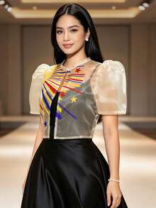 夏季時尚優雅印花泡泡袖短袖開襟衫上衣，女款 Bolero Filipiniana 上衣 - 香檳色 - 查看 4