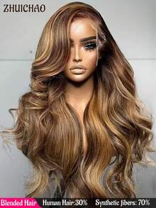 ZHUICHAO 200% Density 28In Body Wave Brazilian Human Blend Synthetic Wig 13x4 HD Transparent Lace Frontal Wigs Brown Mix Honey Blonde Highlight Natural Hairline Pre Plucked With Baby Hair For Women To Wear On Daily Or Parties Wig, Halloween - SP4/27 - View 1