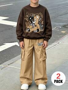 Boys 2pcs/Set, Colorblock Bear Round Neck Long Sleeve Sweatshirt With Cargo Pants, Soft Fabric Casual Outfit - Multicolor - View 1